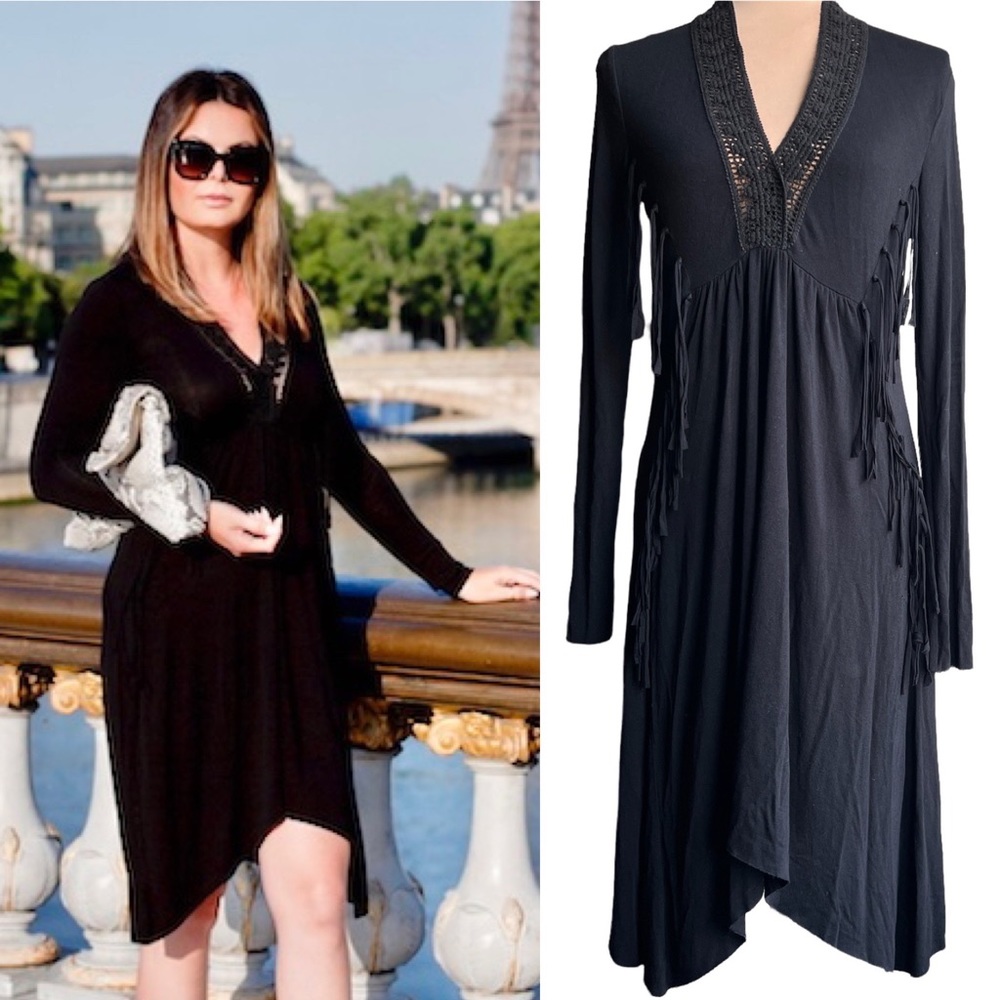 Zara Black Fringe High Low Long Sleeve V-Neck M